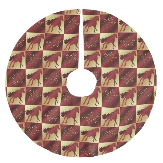 Maroon en Goud Paard En Gouden Bladeren Print Kerstboom Rok (Voorkant)