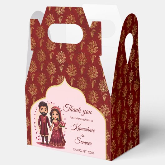 Maroon en goud schattig indiase bruidspaar cartoon bedankdoosjes (Geopend)