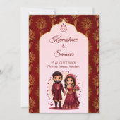 Maroon en goud schattig indiase bruidspaar cartoon kaart (Voorkant)