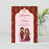 Maroon en goud schattig indiase bruidspaar cartoon kaart (Staand voorkant)