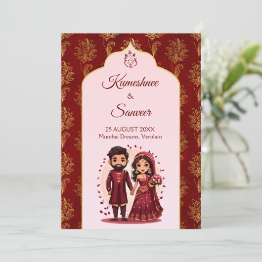 Maroon en goud schattig indiase bruidspaar cartoon kaart (Staand voorkant)