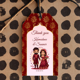 Maroon en goud schattig Indiase bruidspaar gunst Cadeaulabel