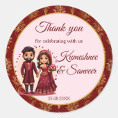 Maroon en goud schattig Indiase bruidspaar gunst Ronde Sticker (Voorkant)