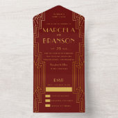Maroon en Gouden Art Deco Bruiloft All In One Uitnodiging (Binnen)