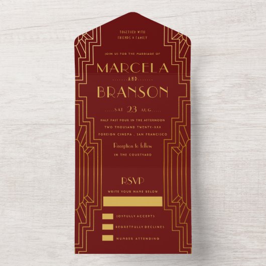 Maroon en Gouden Art Deco Bruiloft All In One Uitnodiging (Binnen)
