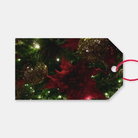 Maroon en Gouden Kerstboom I Vakantie Foto Cadeaulabel (Voorkant (Horizontaal))