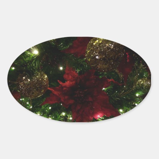 Maroon en Gouden Kerstboom I Vakantie Foto Ovale Sticker (Voorkant)