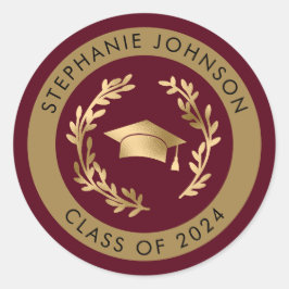 Maroon en Gouden Klasse van 2024 Afstuderen Ronde Sticker