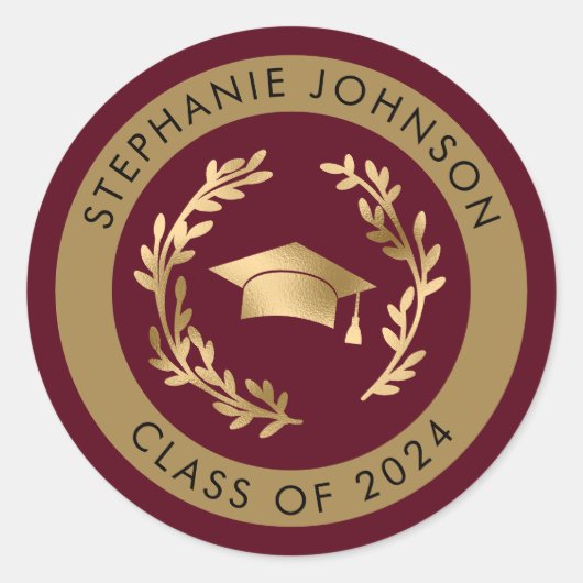 Maroon en Gouden Klasse van 2024 Afstuderen Ronde Sticker (Voorkant)