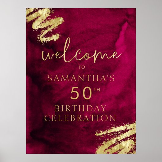 Maroon en Gouden Verjaardag Welkom Poster 18x24 (Voorkant)