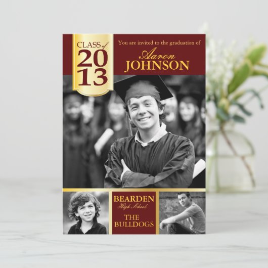 Maroon- en goudfotouitnodiging F Kaart (Staand voorkant)