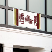 Maroon- en goudkleurige verticale banner (Buitenkant Gebouw)