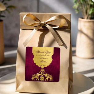 Maroon en goudolifanten Indische bruiloft bedankt Vierkante Sticker