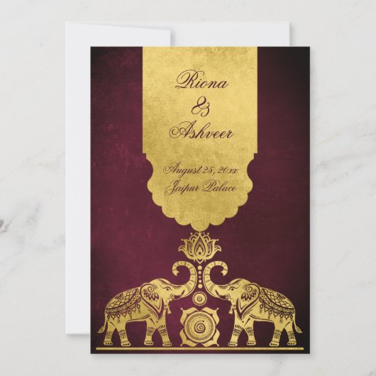 Maroon en goudolifanten luxe Indiase bruiloft Kaart (Voorkant)