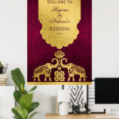Maroon en goudolifanten welkom op Indische bruilof Poster (Thuiskantoor)