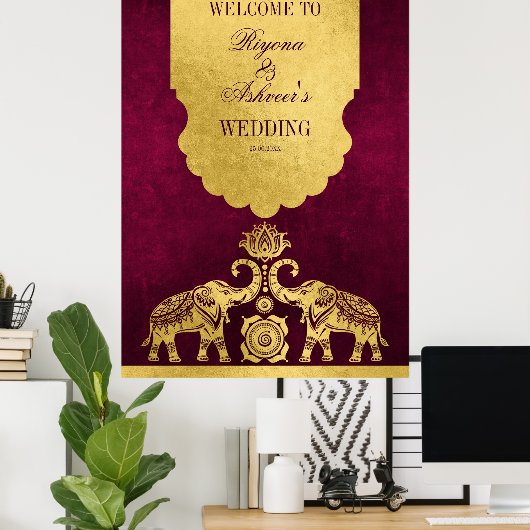 Maroon en goudolifanten welkom op Indische bruilof Poster (Thuiskantoor)