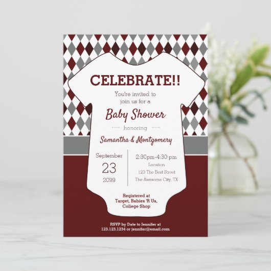 Maroon en Gray Argyle Patterned Baby shower Kaart (Staand voorkant)