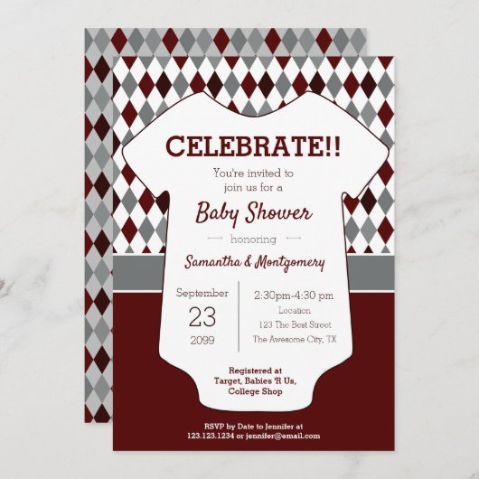 Maroon en Gray Argyle Patterned Baby shower Kaart (Voorkant / Achterkant)