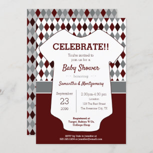 Maroon en Gray Argyle Patterned Baby shower Kaart