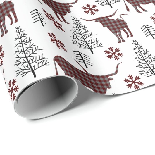 Maroon en Grijs Buffel Plaid Longhorn Patroon Cadeaupapier (Rol Hoek)