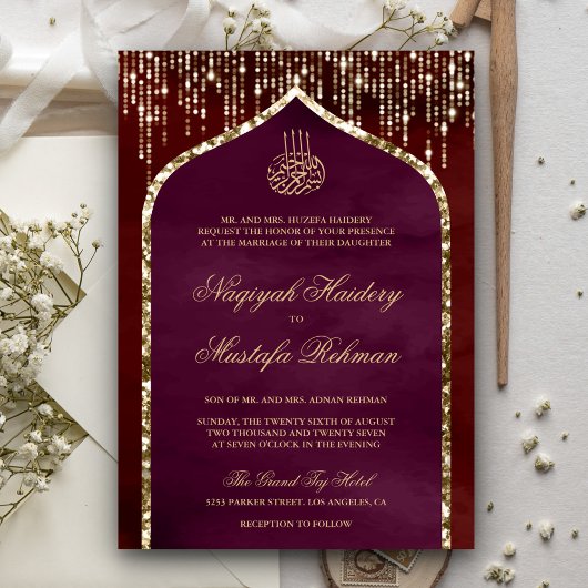 Maroon en plum Gold Glitter Arch Muslim Weduwen Kaart