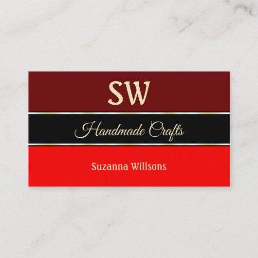 Maroon en Rode Grenzen op Zwart Chique met Monogra Visitekaartje (Voorkant)