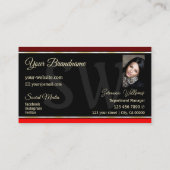 Maroon en rode grenzen op zwart monogram en foto visitekaartje (Achterkant)