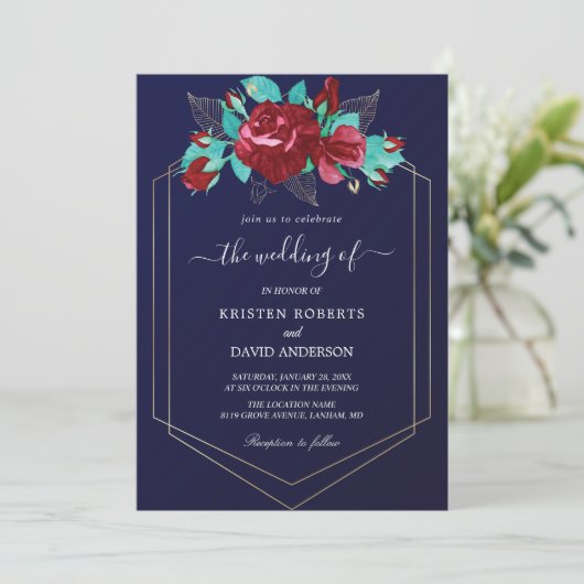 maroon en royal blue bruiloft uitnodiging (Staand voorkant)