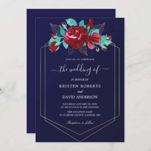 maroon en royal blue bruiloft uitnodiging (Voorkant / Achterkant)