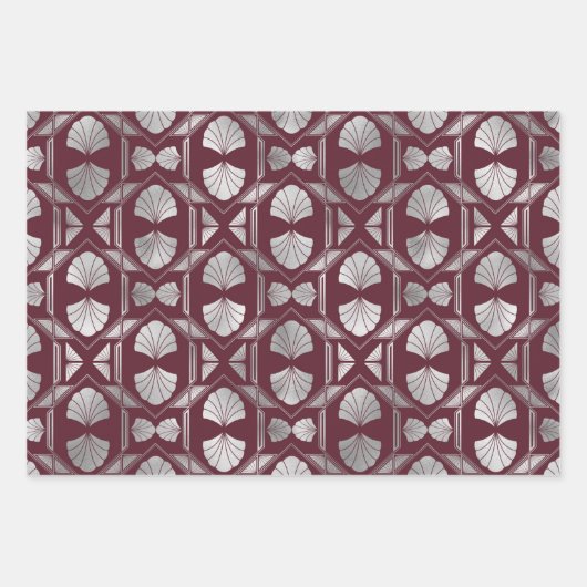 Maroon- en Silver Art Deco Shell Pattern Inpakpapier Vel (Voorkant)