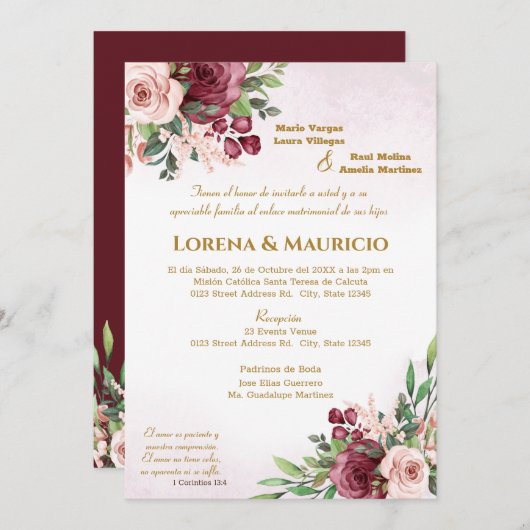 Maroon en wazige roze bruiloft kaart (Voorkant / Achterkant)