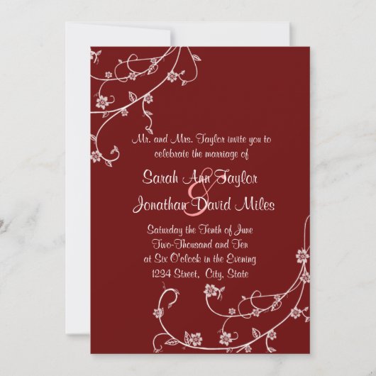 Maroon en White Floral Swirl Wedding Invitation Kaart (Voorkant)