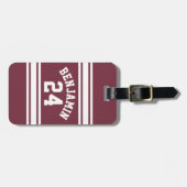 Maroon en White Jersey Stripes Custom Name Number Bagagelabel (Voorkant horizontaal)