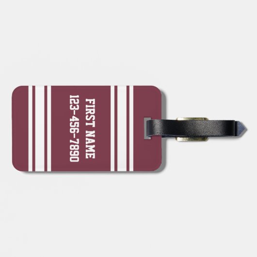 Maroon en White Jersey Stripes Custom Name Number Bagagelabel (Achterkant horizontaal)