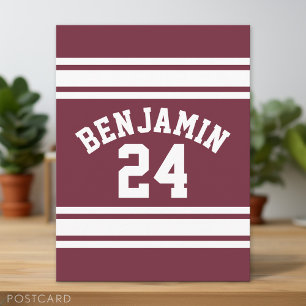 Maroon en White Jersey Stripes Custom Name Number Briefkaart