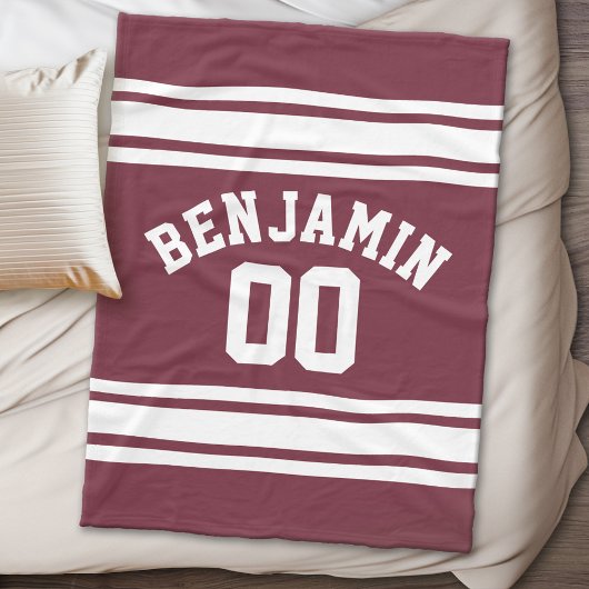 Maroon en White Jersey Stripes Custom Name Number Fleece Deken