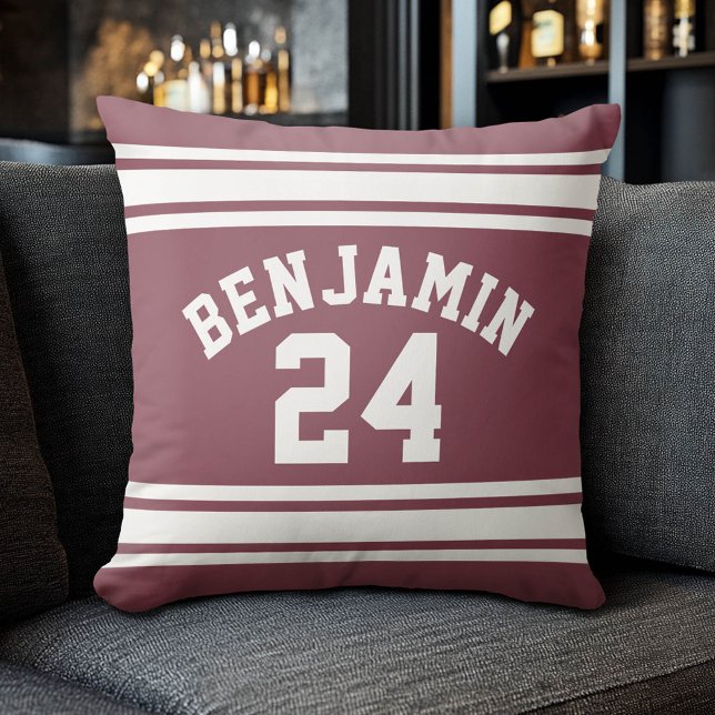 Maroon en White Jersey Stripes Custom Name Number Kussen (Custom Sporty Pillow)