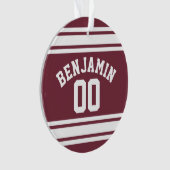 Maroon en White Jersey Stripes Custom Name Number Ornament (voorkant)