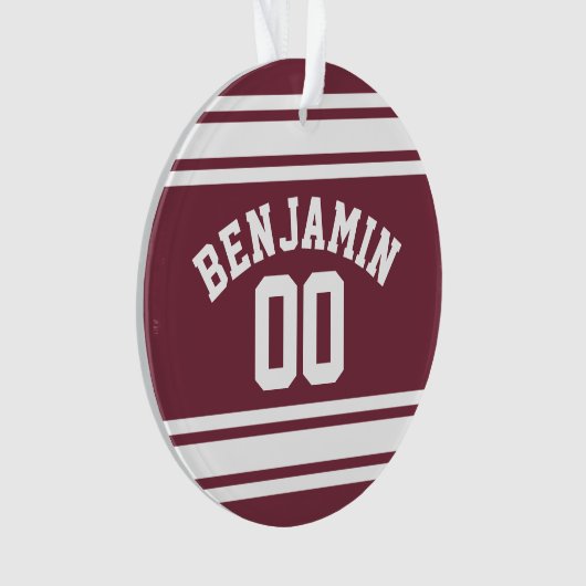 Maroon en White Jersey Stripes Custom Name Number Ornament (voorkant)