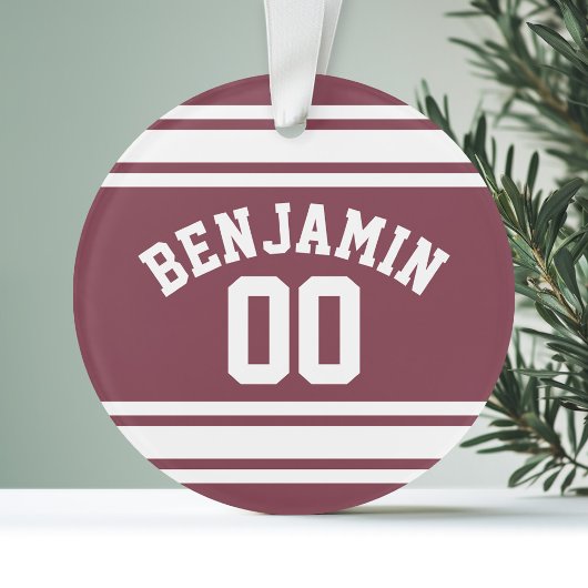Maroon en White Jersey Stripes Custom Name Number Ornament