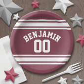 Maroon en White Jersey Stripes Custom Name Number Papieren Bordje