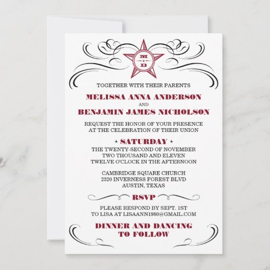 Maroon en White Southern Style Wedding Invitation Kaart (Voorkant)