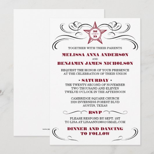 Maroon en White Southern Style Wedding Invitation Kaart (Voorkant / Achterkant)