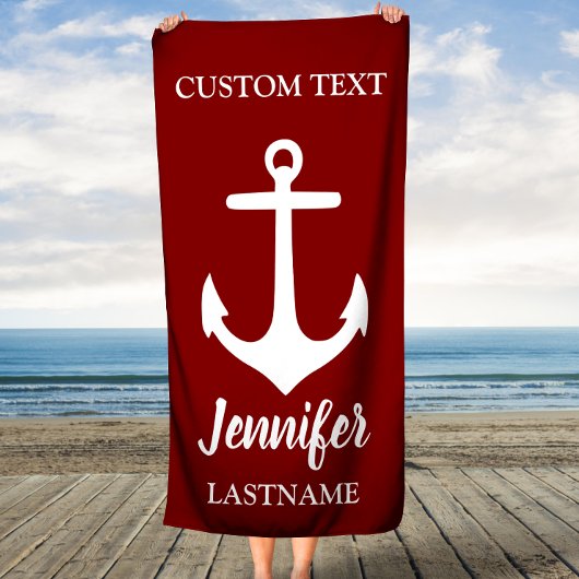 Maroon en wit anker gepersonaliseerd strandlaken