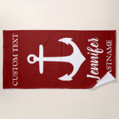 Maroon en wit anker gepersonaliseerd strandlaken (Voorkant)