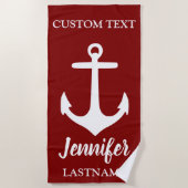 Maroon en wit anker gepersonaliseerd strandlaken (Voorkant)
