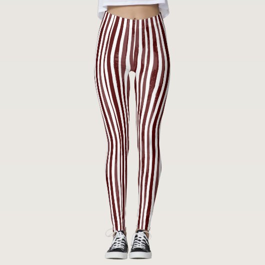 Maroon en wit verticaal gestreepte Leggings (Voorkant)