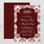 Maroon en Witte Damast Islamitische Moslim Bruilof Kaart (Voorkant / Achterkant)