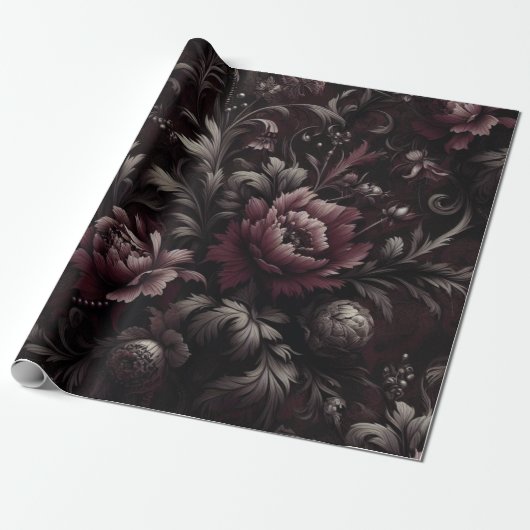 Maroon en zwart bloemencadeau inpakpapier (Uitgerold)