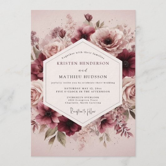 Maroon Ethereal Bloom Wedding Kaart (Voorkant)